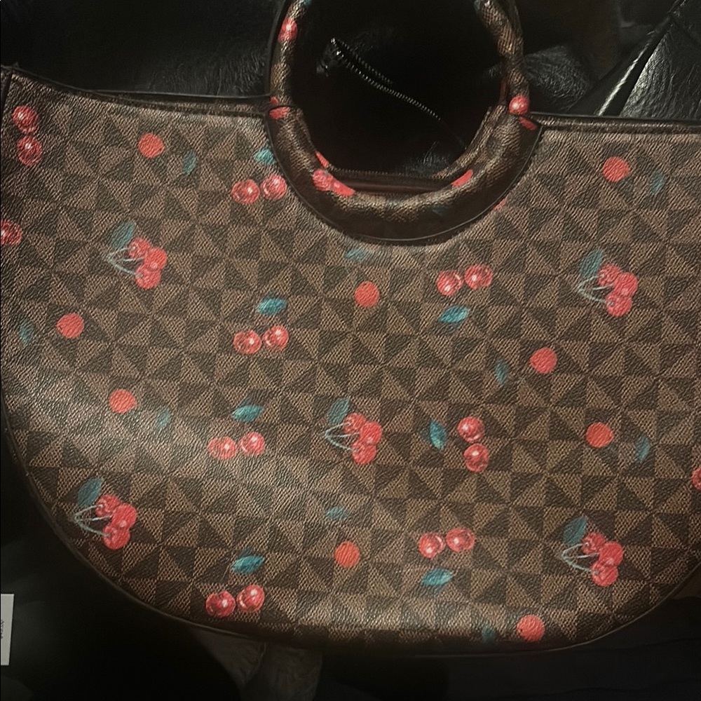Red and Brown Patterned Shoulder Bag with Cherry Accents